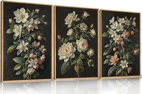 DRACIT Juego de arte de lienzo enmarcado floral botánico vintage Moody, decoración de pared retro con flores negras, rústico, naturaleza oscura,