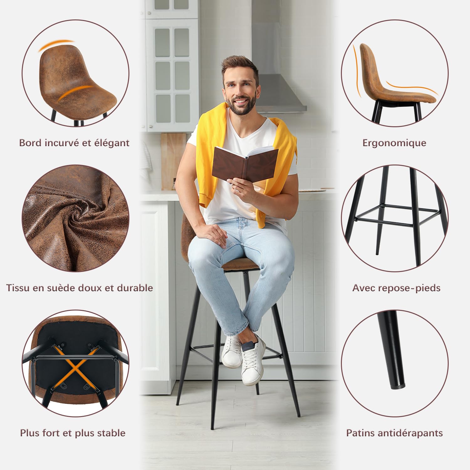 Meuble Cosy Lot de 4 Tabouret de Bar Rétro Vintage avec Dossier et Repose-Pieds, Sièges Rembourrés, Style Industriel, Chaises Hautes en suédine Marron, 49x42.5x103.5cm