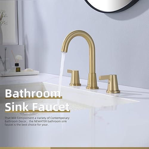 Miniatura 2 de NEWATER Grifo de baño de oro cepillado con 2 manijas de oro generalizado, grifo de lavabo de 3 agujeros con ensamblaje de drenaje emergente y líneas