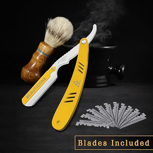 Vista 20 de BEAUTICONE Maquinillas de afeitar rectas para hombres, maquinilla de afeitar de borde recto, una sola hoja, acero inoxidable, maquinilla de afeitar