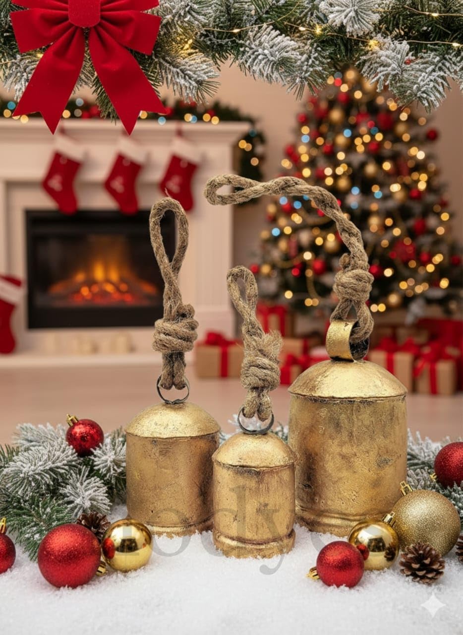 Set of 3 Giant Rustic Harmony Bells – Handmade Vintage Metal Hanging Bells for Home Decor, Christmas & Festive Decoration – Large Antique-Style Decorative Chimes