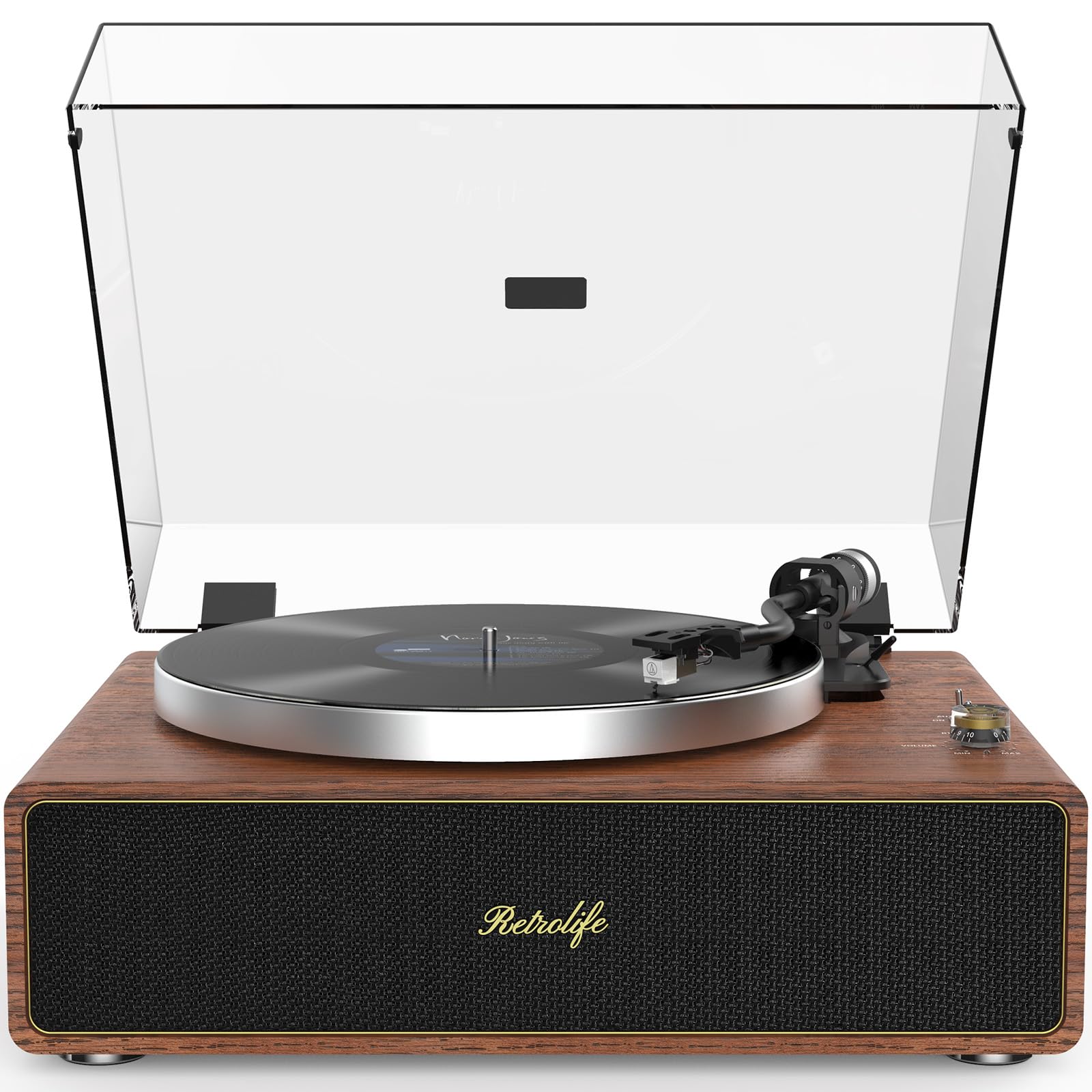 Retrolife Plattenspieler mit Integrierten Lautsprechern Riemenantrieb 33/45 U/min Vinyl Schallplattenspieler Unterstützt Bluetooth-Wiedergabe mit Auto-Stopp Funktion RCA Out und AUX-In Gelb-braun