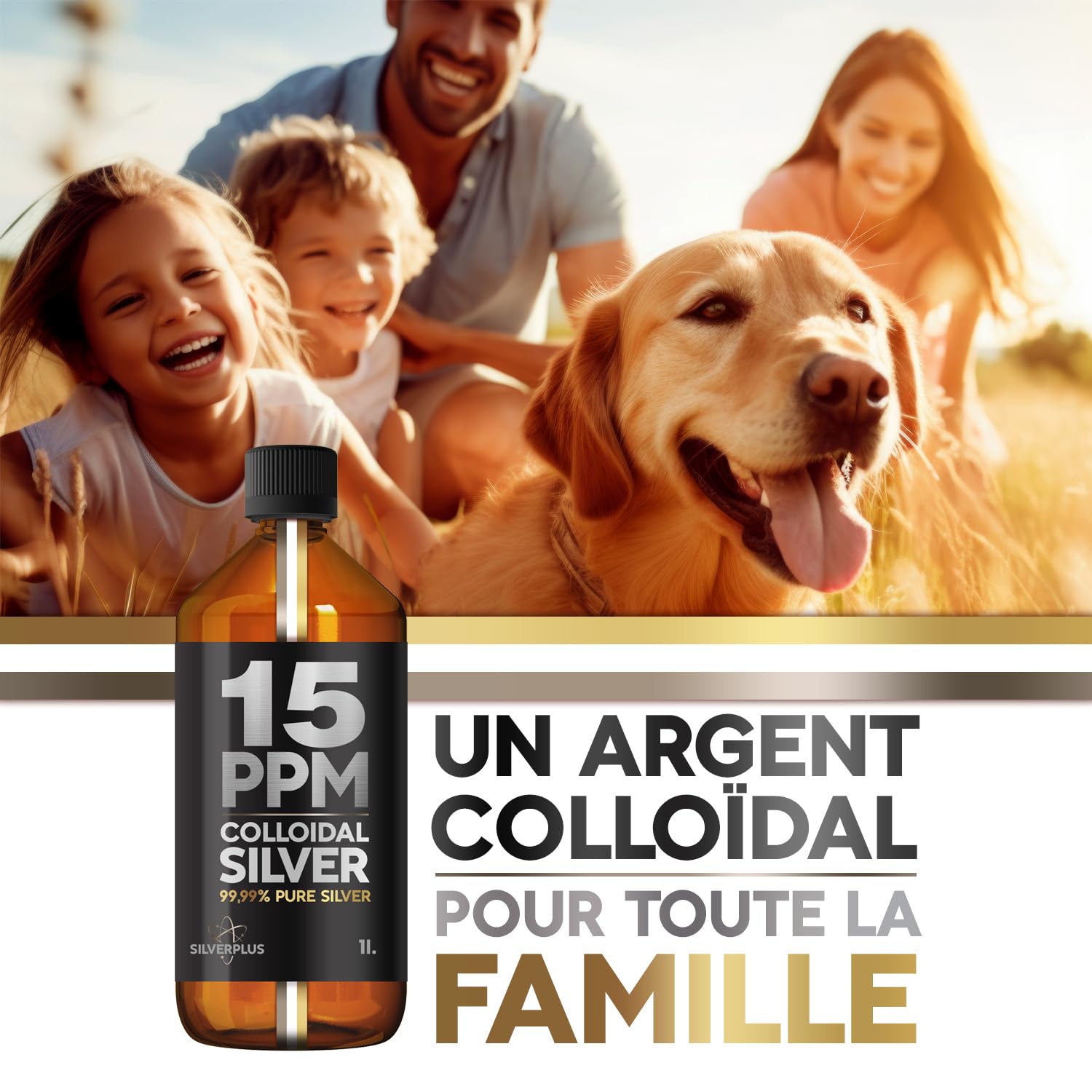 Argent Colloïdal 15ppm ● 1000 ml ● Fabriqué en France ● Argent pur à 99,99% ● Ions d'argent actifs ● Pour toute la famille ● Laboratoire certifié GMP ● Solution 100% Naturelle ● SILVERPLUS