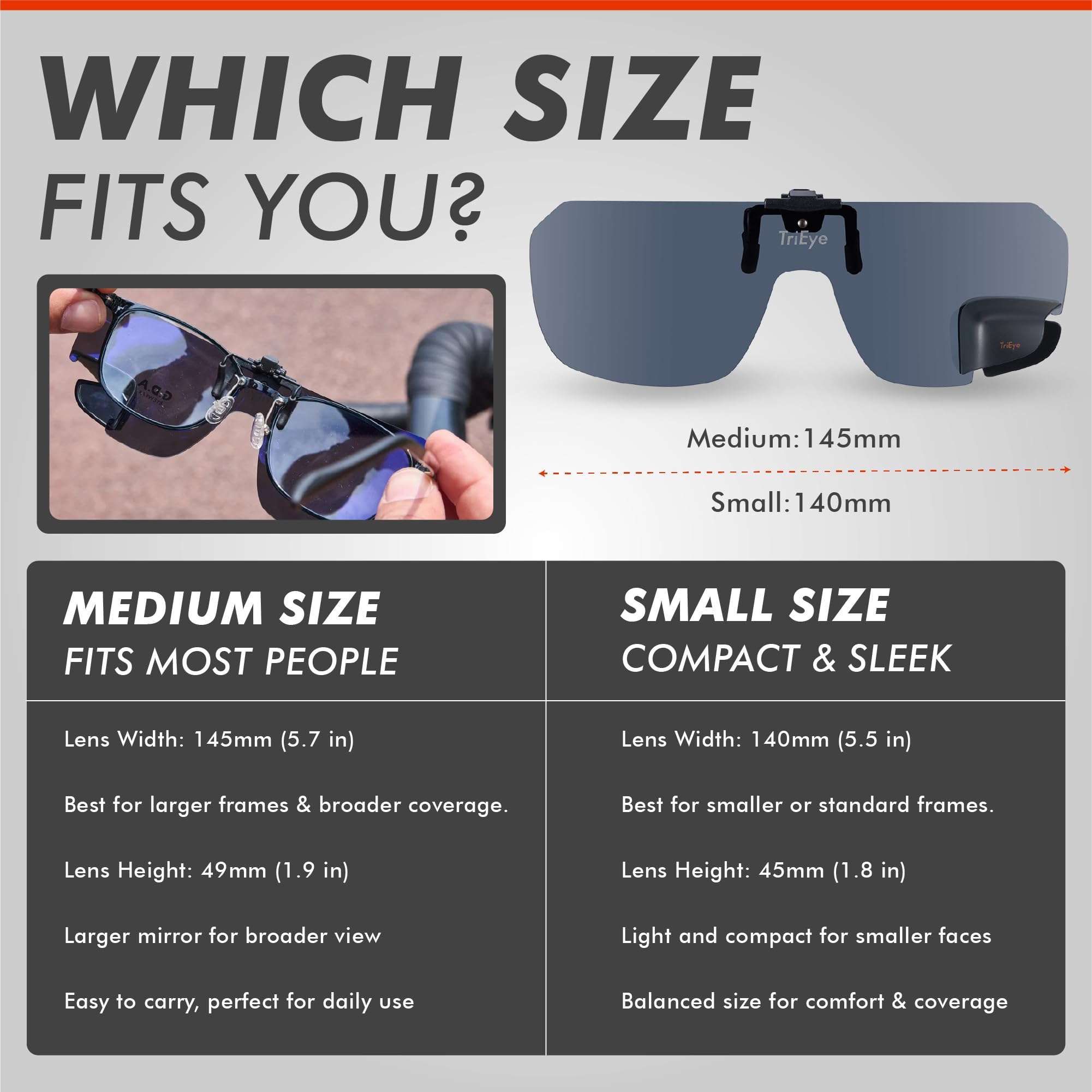 TriEye Clip-On Okulary Przeciwsłoneczne z Lusterkiem Lewym – Okulary Nakładane dla Osób z Okularami – 140/145 mm – Szkła Przezroczyste lub Dymione