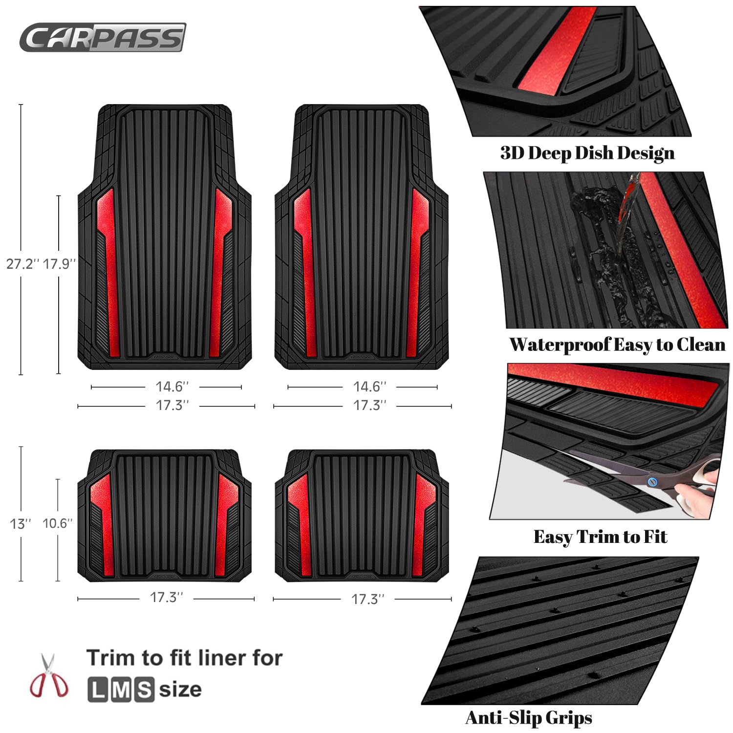 CAR PASS Heavy Duty Rubber Car Mats Metallic, Aluminum Film All Weather Floor Mats Waterproof Universal Trim to Fit Automotive SUV Sedan Van 4 Piece Anodized Deep Dish Two-Tone Sporty Black Red Chrome
