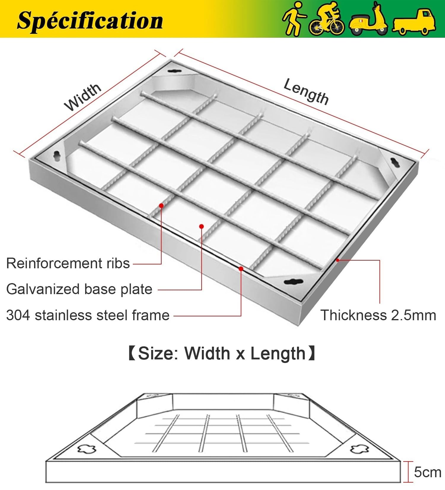 Tapa De Arqueta Y Marco Rectángulo, Empotrada Tapa De Tanque Séptico De Acero Inoxidable 304, Cubierta De Cuenca De Aguas Residuales Invisible Para Patios Y Aceras(60x80cm)