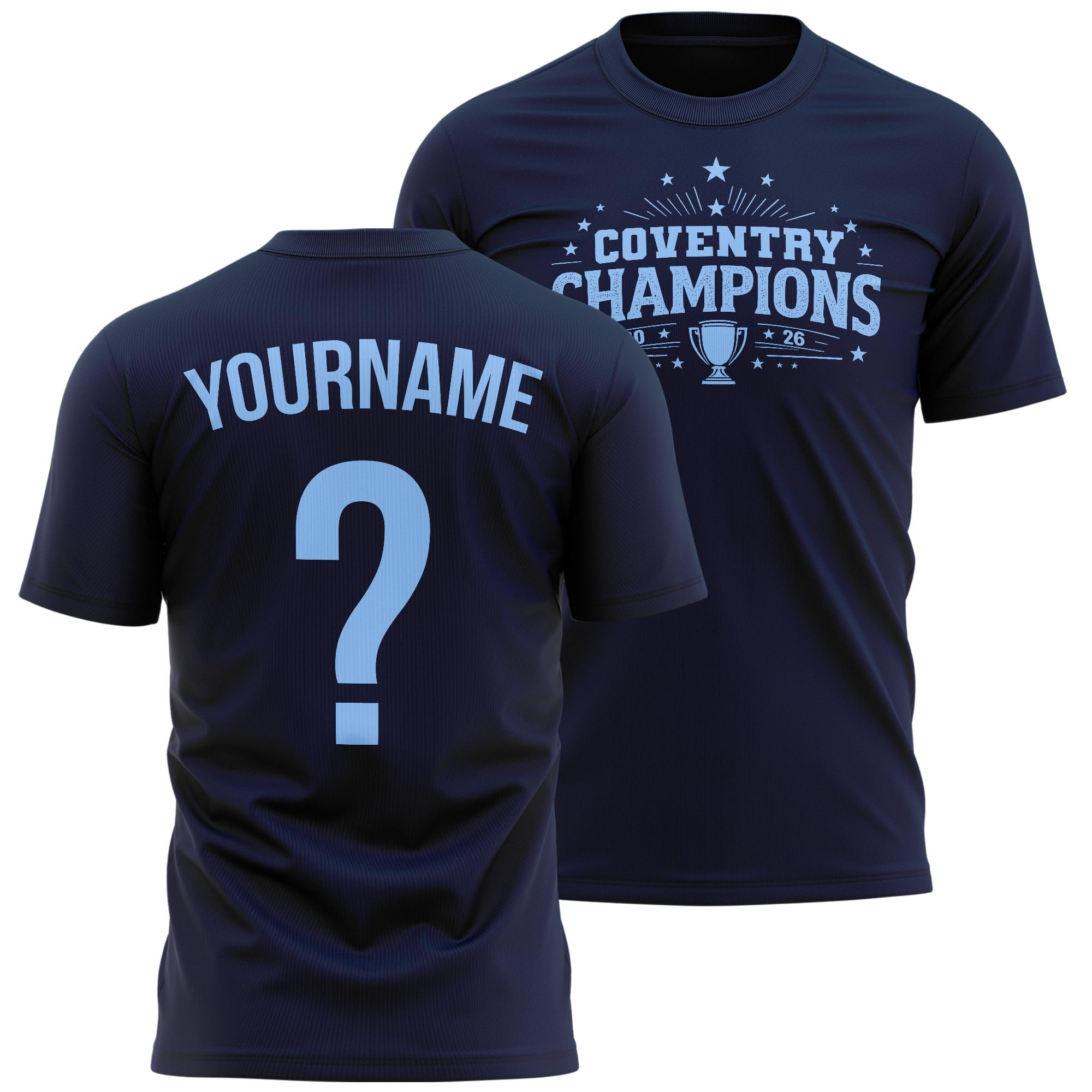 Custom Coventry Mens Football T Shirt - Name and Number Cov Champions 2026 Cup Design - Football Supporter City Fan Tee, M, Navy