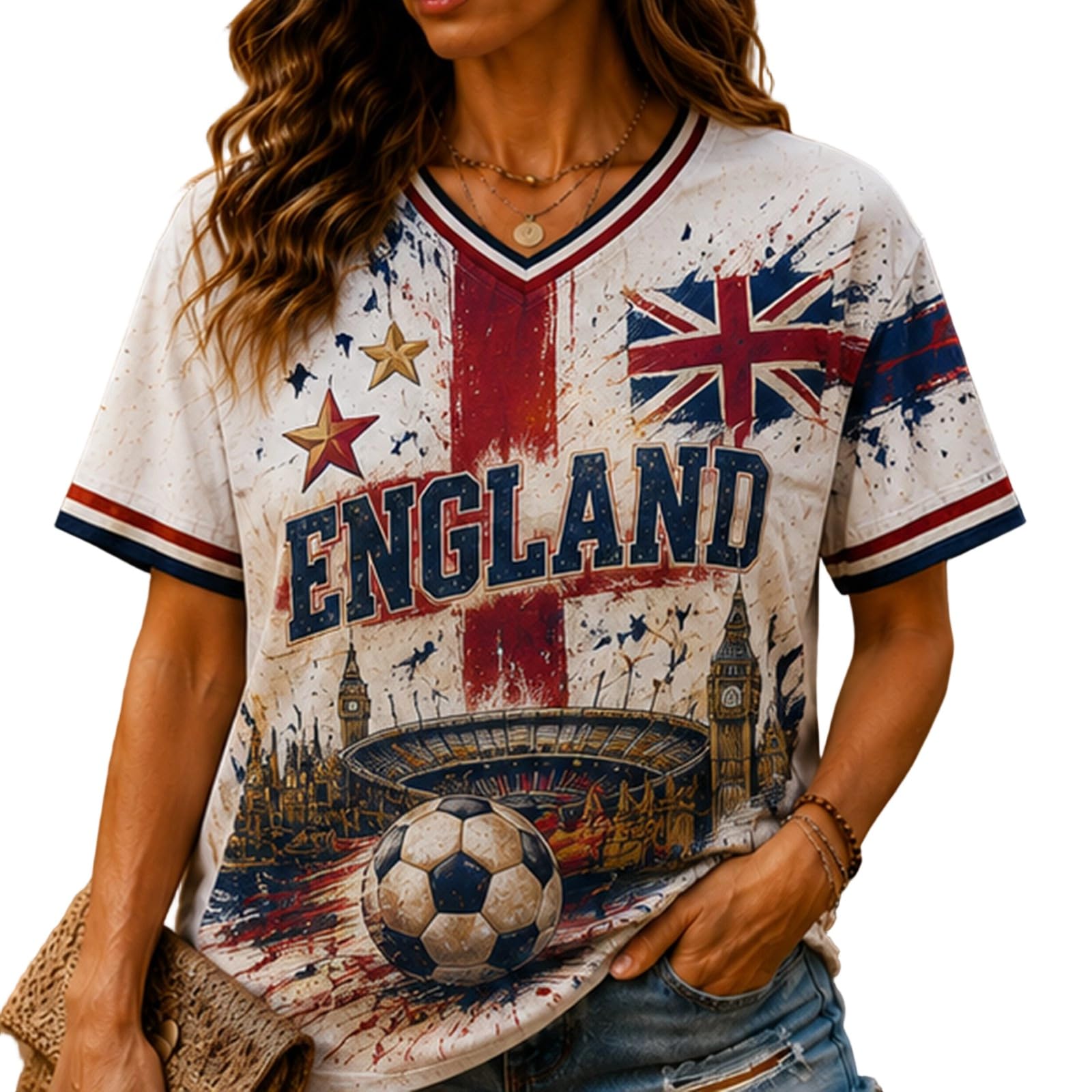 Ladies England Football Shirt Casual V Neck Short Sleeve Tops Breathable Lightweight Print World Cup Football T Shirts 2026 Football Match Fan Support T-Shirts Vermilion XXL