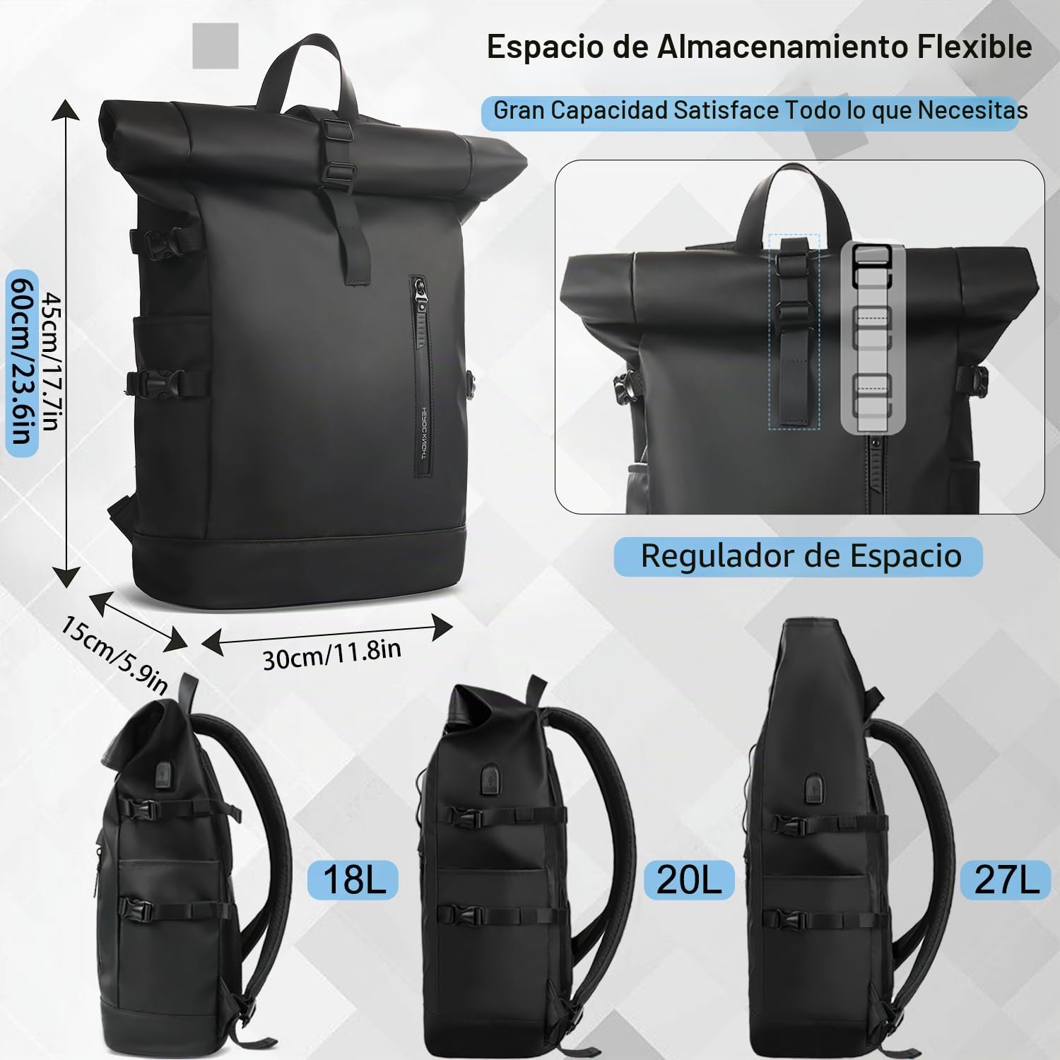 Mochila enrollable para portátil, para hombre y mujer, informal, para un día, para portátil de 15,6”