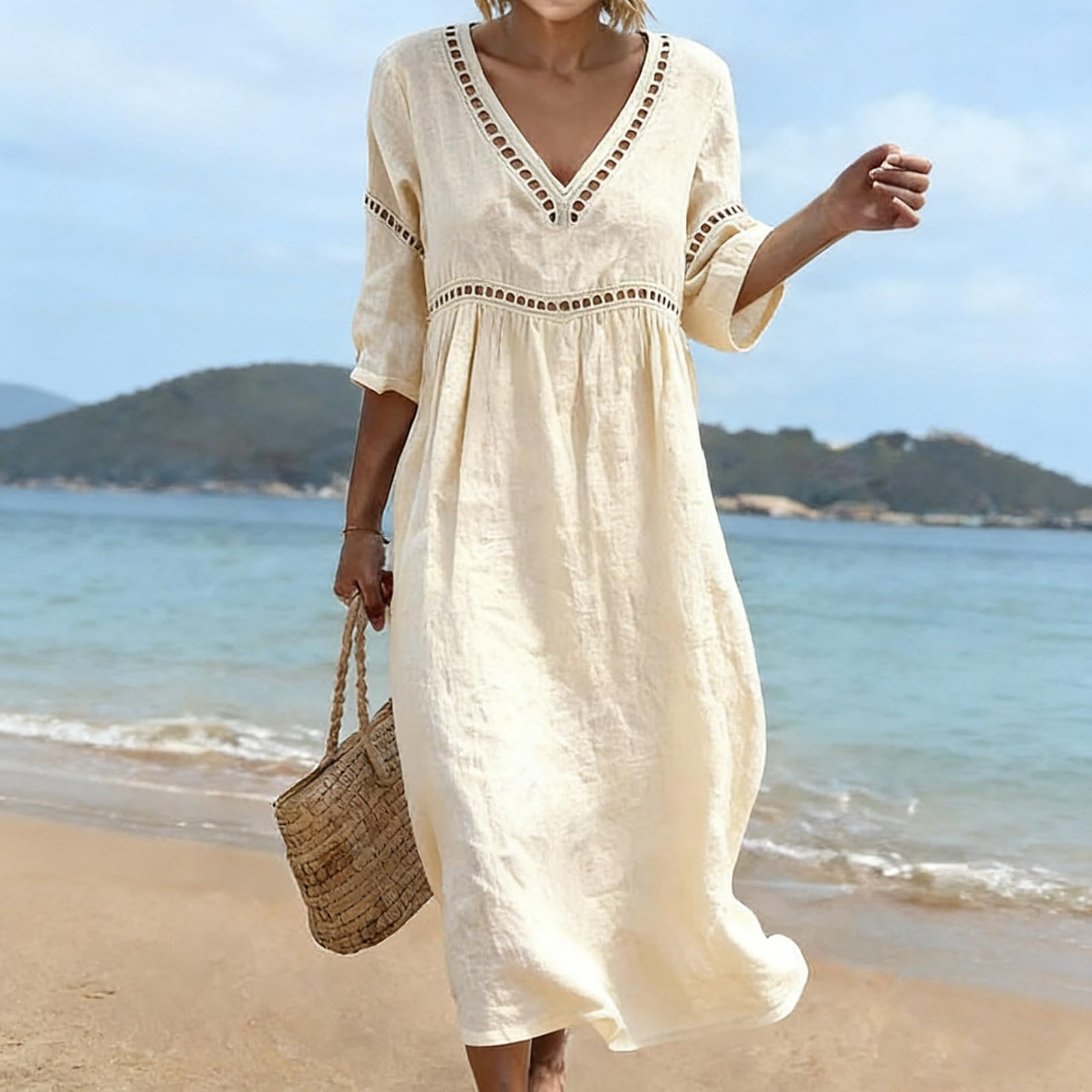 Robe Femme Été Longue Robe en Lin Coton Vêtement Femme Chic Robe Tunique Ample Col V Broderie Robe de Plage Bohème Manches 3/4 Légère Fluide Hippie Rétro Casual