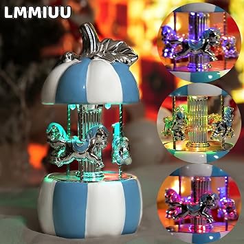 Carousel Music Box Gift Wrapped Ceramic Musical Carousel Color-Changing Lights Music Boxes for Girls Boys Kids Daughter Son Granddaughter Wife Mom Women Birthday Christmas (Blue Pumpkin)