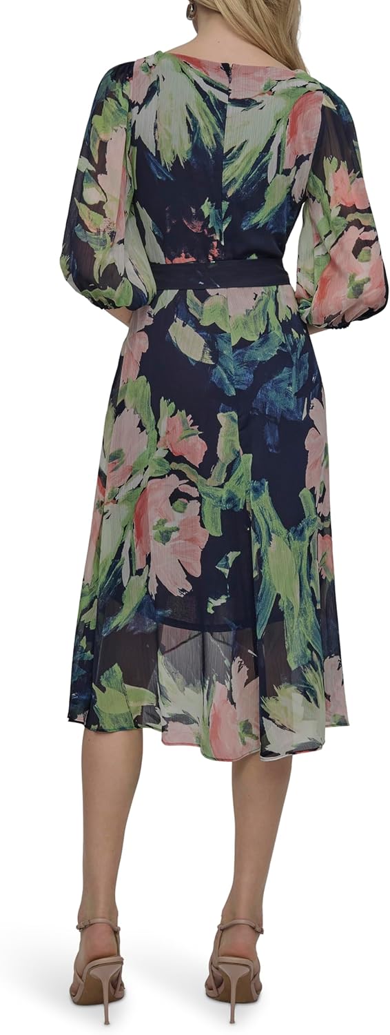 DKNY Womens Balloon Sleeve Faux Wrap Midi Dress - Image 4
