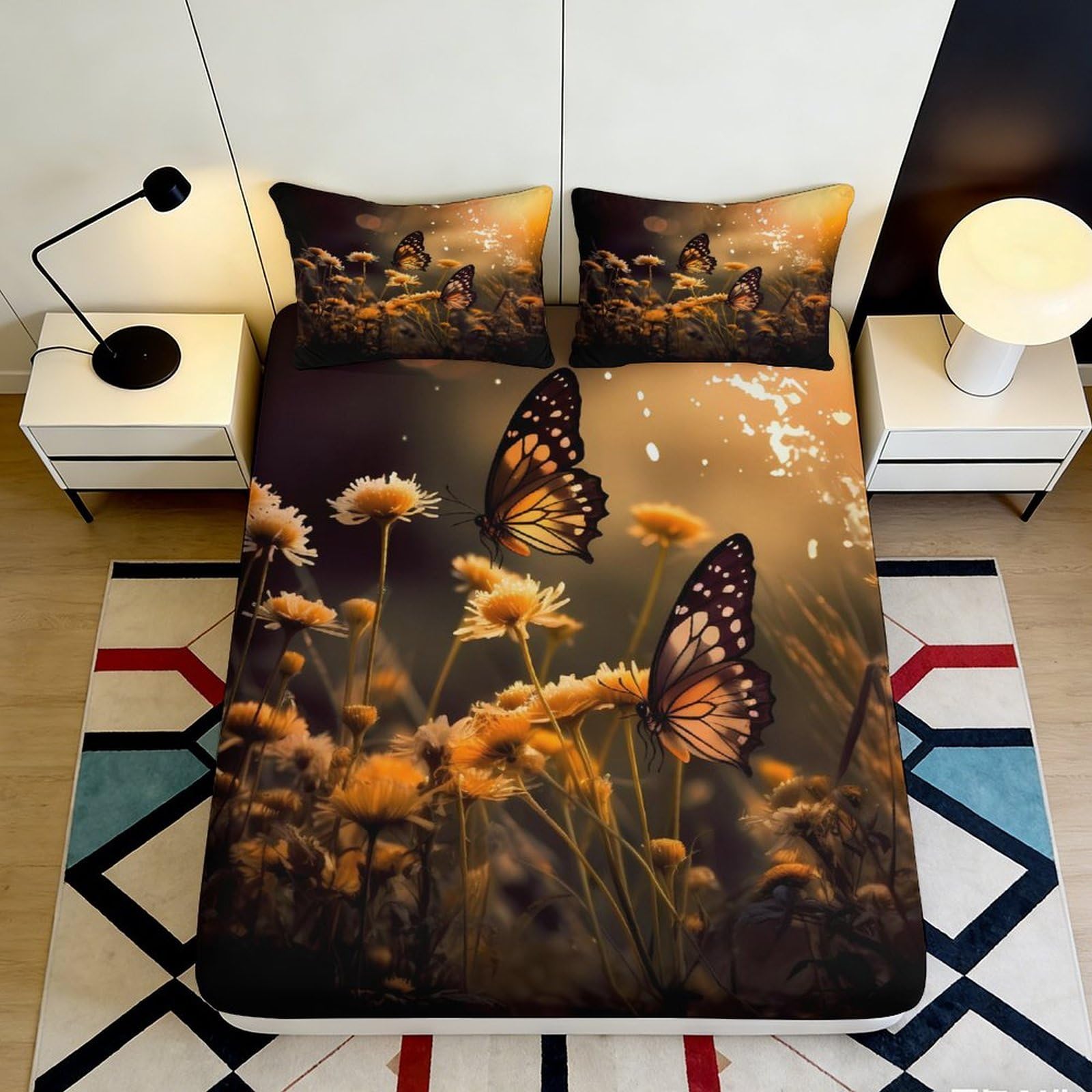 3D Printed Butterfly Meadow Fitted Sheet Microfiber Soft Anti-Slip Bed Sheet for Bedroom Guestroom Decor 90x200x25cm