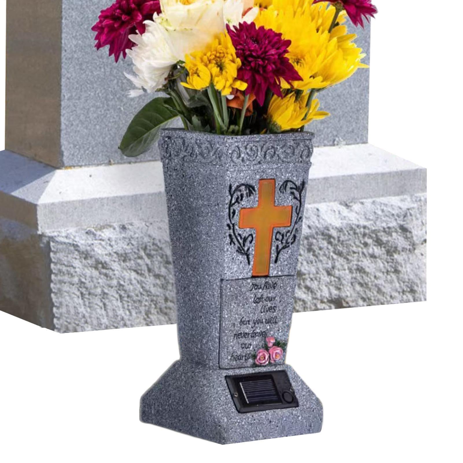 Friedhofsvasen für Grab – 13 x 13,5 x 33 cm Grabsteinvasen – solarbeleuchtete Outdoor-Gartendekoration mit Spikes für Hof, Friedhofsbeleuchtung