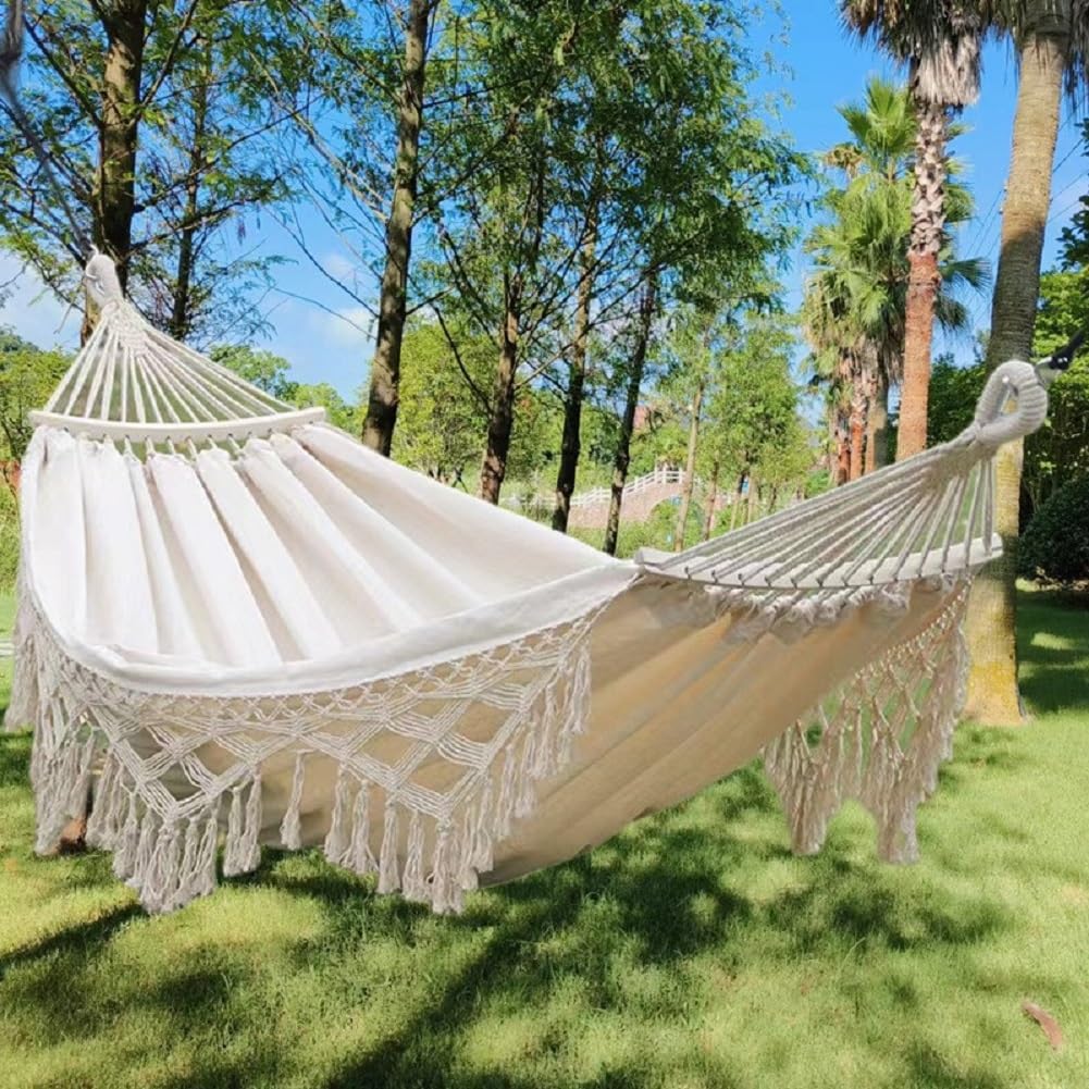 Amaca in Cotone Amaca Campeggio Amaca da Giardino 300X150cm Amaca Matrimoniale capacità 300Kg Portatili Amaca Sospesa Amaca per Casa Due Persone Cortile Portico Prato E Giardino, Bianco