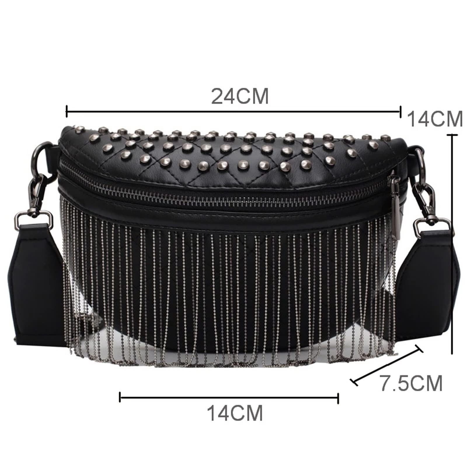 Punk nerka nit frędzel torba na klatkę piersiową dla kobiet damska torba punkowa bananowa torba crossbody torebka motocyklowa torba na nogę, Czarny, 24X7.5X14cm