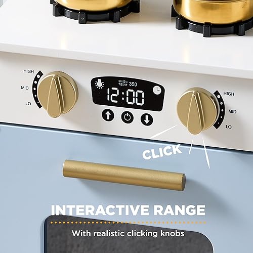 Miniatura 4 de Best Choice Products Juguete de madera para niños con almacenamiento, borde festoneado, 5 accesorios, microondas, horno, perillas de clic, color azul