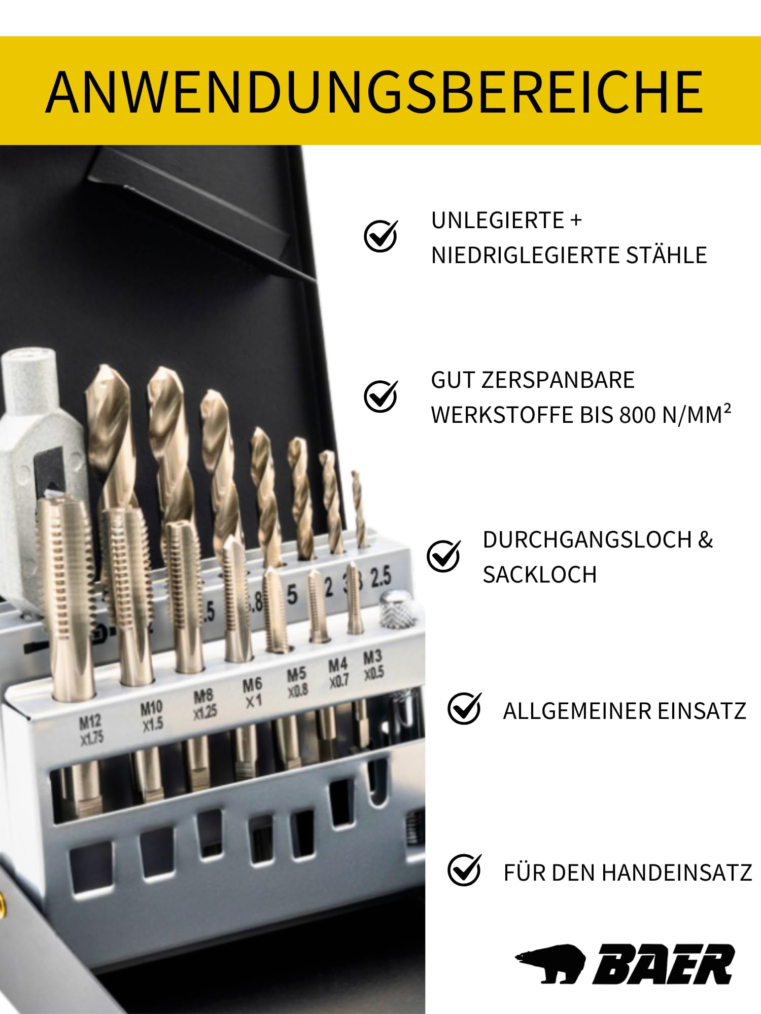 BAER Gewindeschneider Set M3-M12 | 15-tlg. HSS-G Gewindeschneidsatz | Einschnittgewindebohrer + Kernlochbohrer + Windeisen | Innen- & Außengewinde metrisch | Profi Werkzeug | Metallkassette