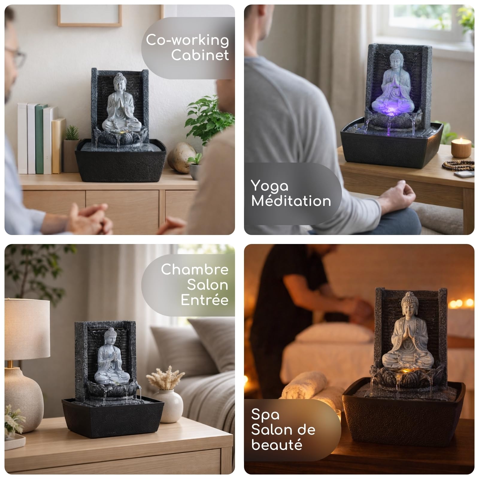 Fontaine d’Intérieur Bouddha Mur d’Eau Cascade Lotus Lumière LED Blanc – Déco Zen Salon Chambre Feng Shui - Fontaine de Table Circuit fermé - Cadeau Utile– H 26cm – Nirvana Zen’Light