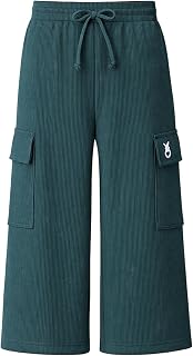 Girls Ribbed Cotton Cargo Pants with Elastic Waist & Drawstring, Wide Leg Casual Trousers with Pockets, Soft Stretch Impor... Price In India