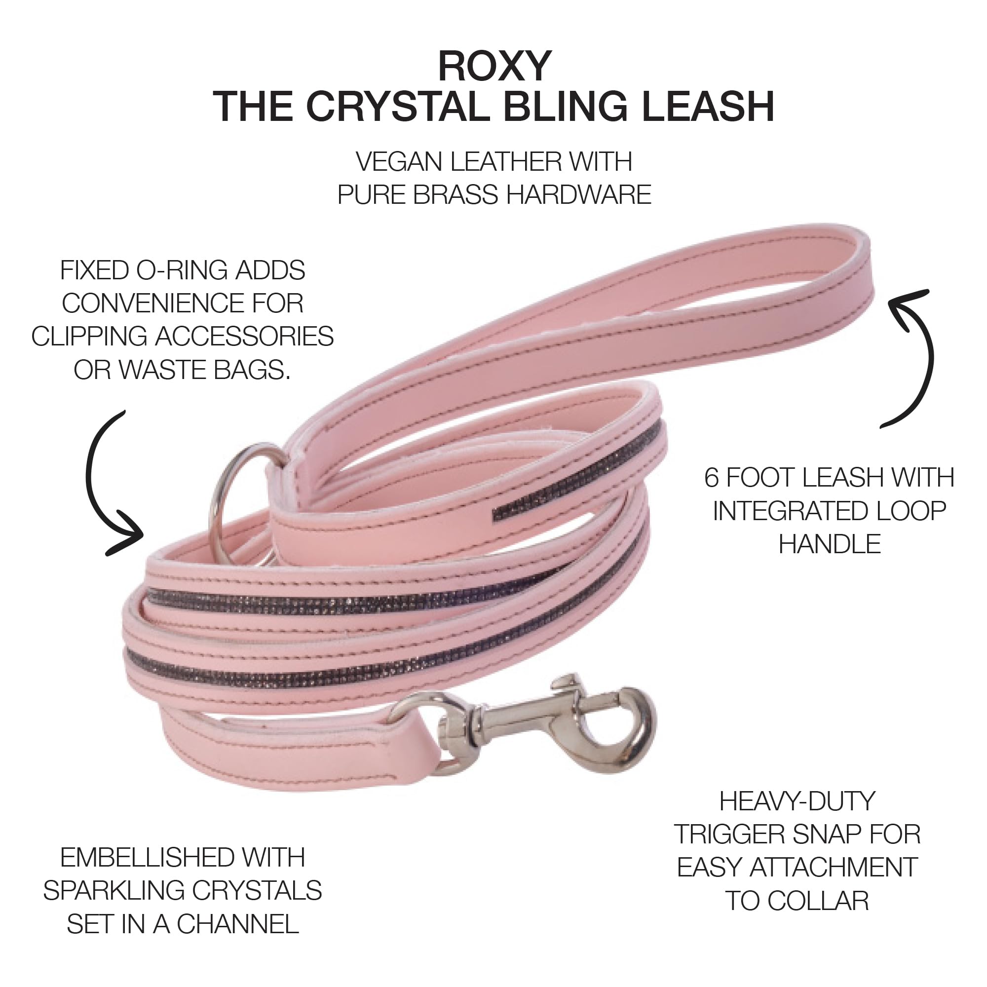 Roxy Hundeleine mit Strasssteinen besetzt, strapazierfähig, veganes Leder mit Messing und Kristallen, 1,8 m, für kleine, mittelgroße und große Hunde, Rouge, Einheitsgröße