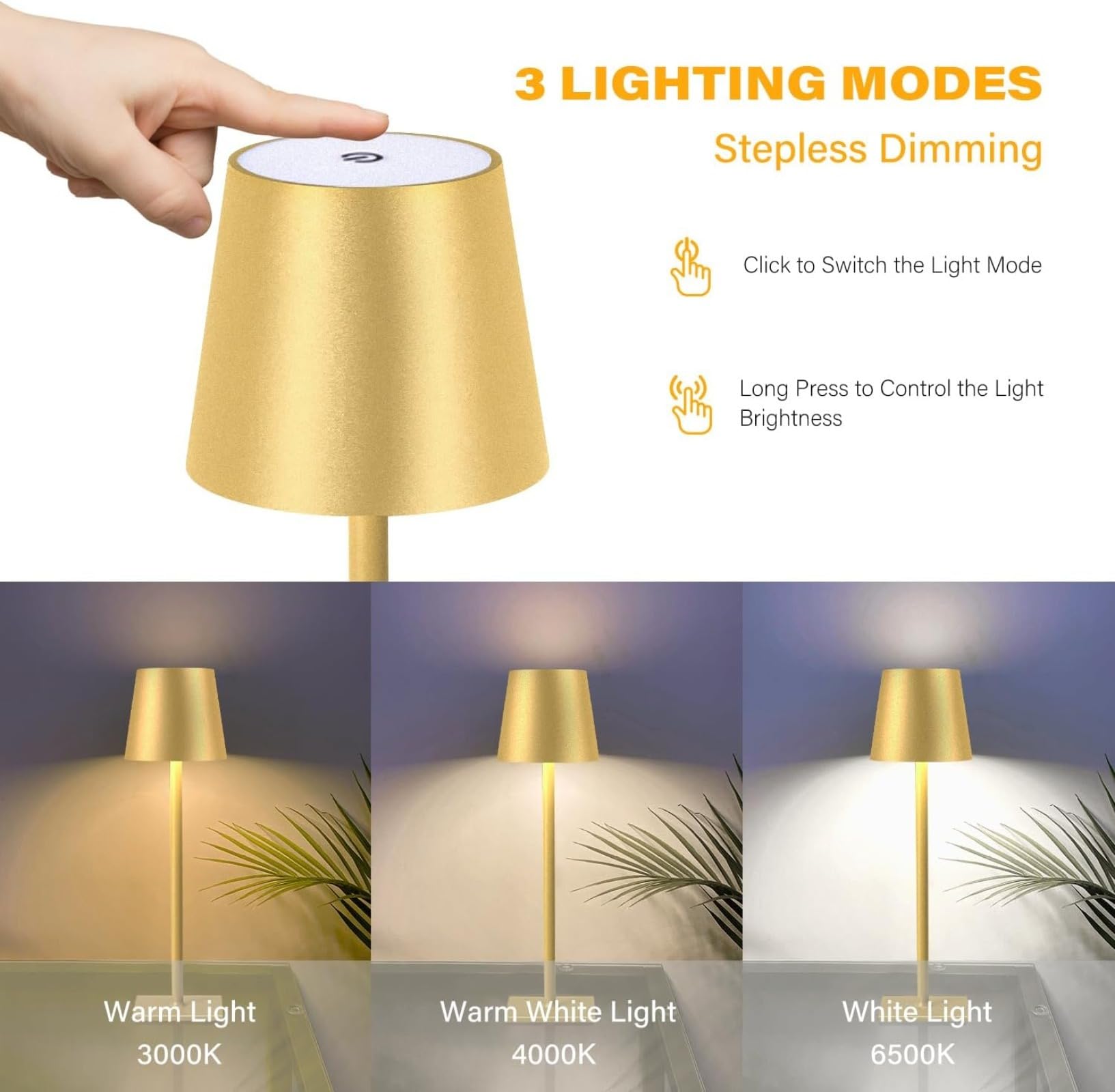 Generico Set di 2 Lampade da Tavolo Senza Fili Premium | Batteria 5000mAh Ricaricabile, 3 Colori con Dimmerazione Progressiva, Design ad Altezza Regolabile per Uso Domestico e Commerciale (Oro)
