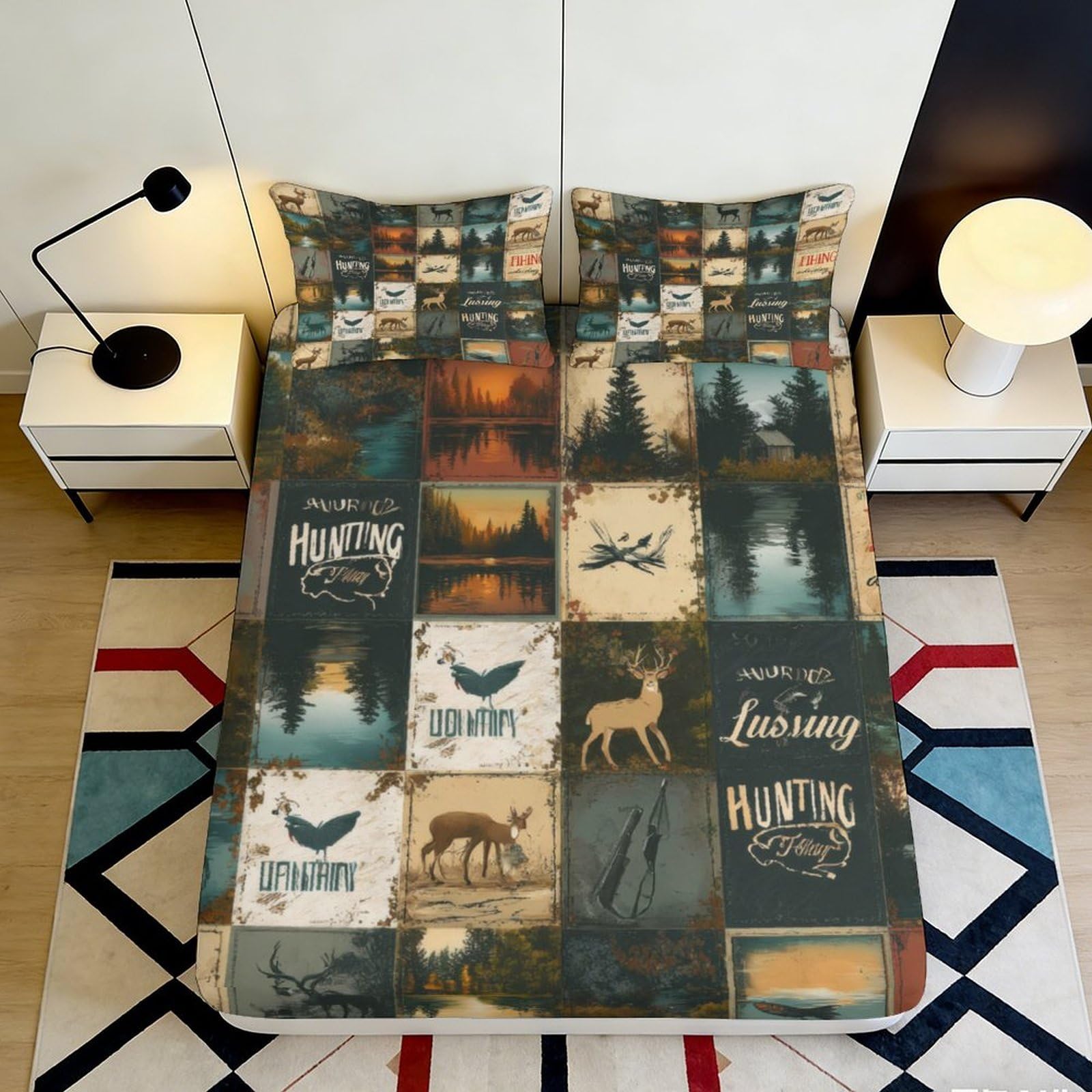 3D Printed Hunting Deer Pattern Fitted Sheet Microfiber Durable Soft 3D Printed Forest Scene Mattress Cover for Bedroom Dormitory Guest Room Protection 180x200x25cm