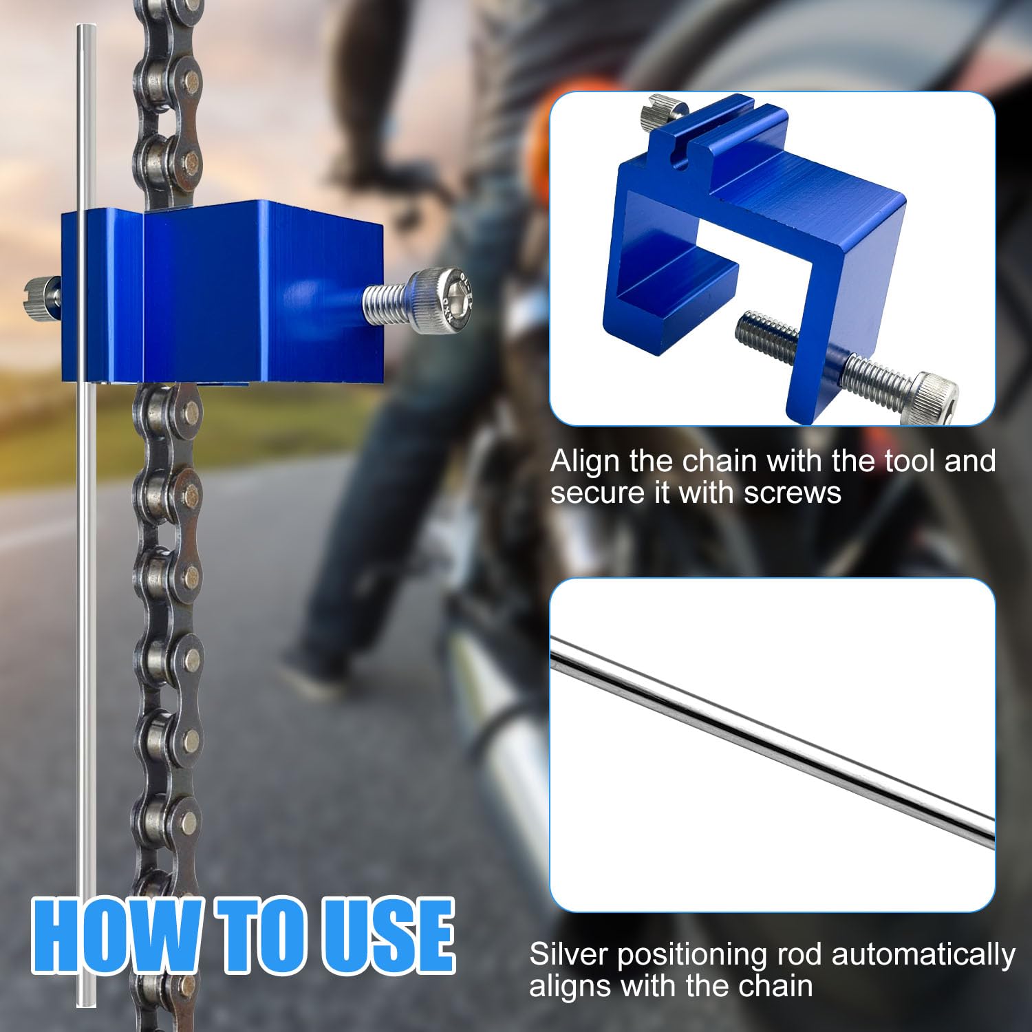Set di 3 attrezzi per l'allineamento della catena, per moto, con catene per biciclette, rivetti e pinze per lucchetto, set di riparazione per moto, ATV e biciclette