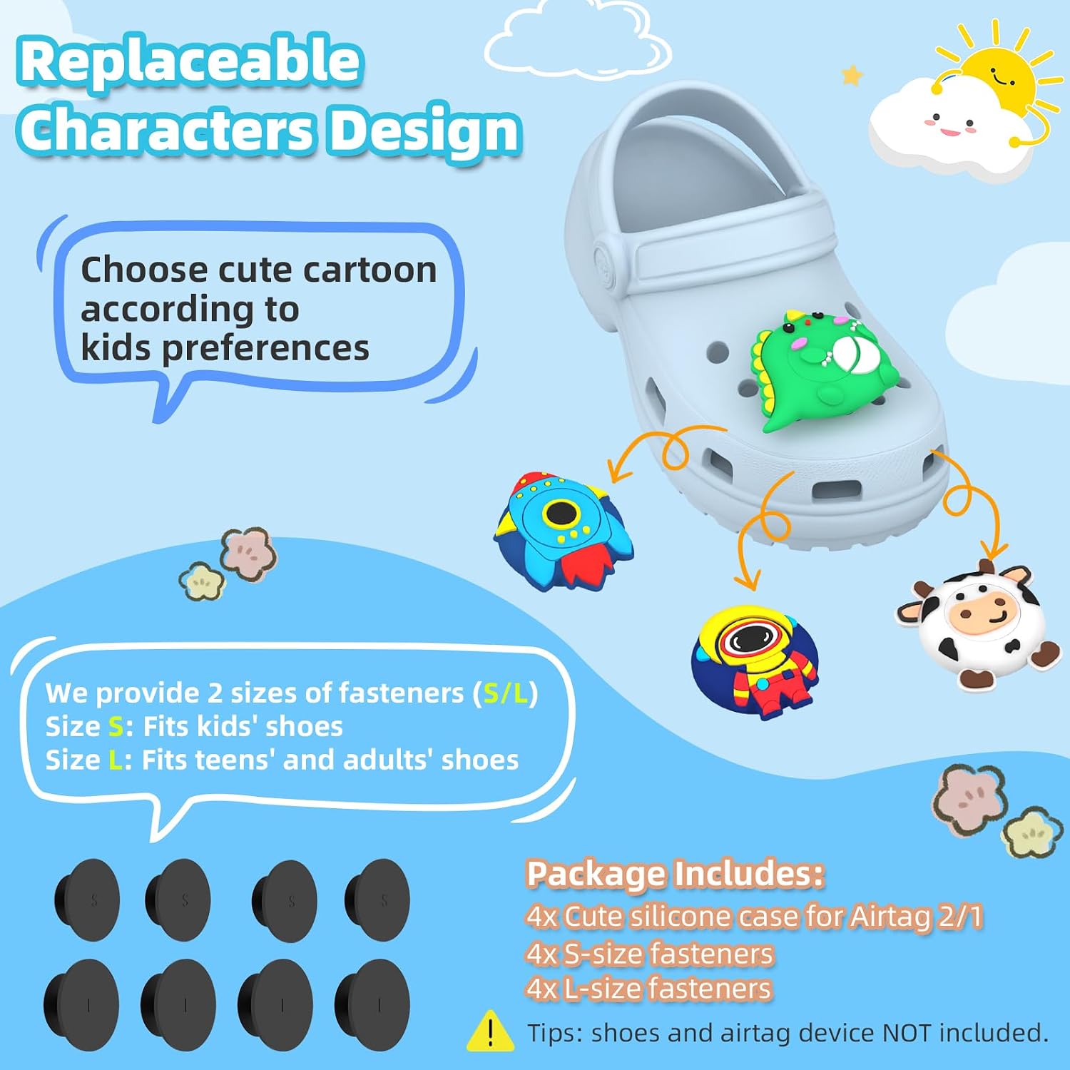 (4-Pack) Waterproof Holder for Airtag 2nd & 1st, Hidden Soft Silicone Case for Air Tag Shoe Holder Design Cute Shoes Charms Compatible with AirTags for Kid, Teens & Elderly – Style 2