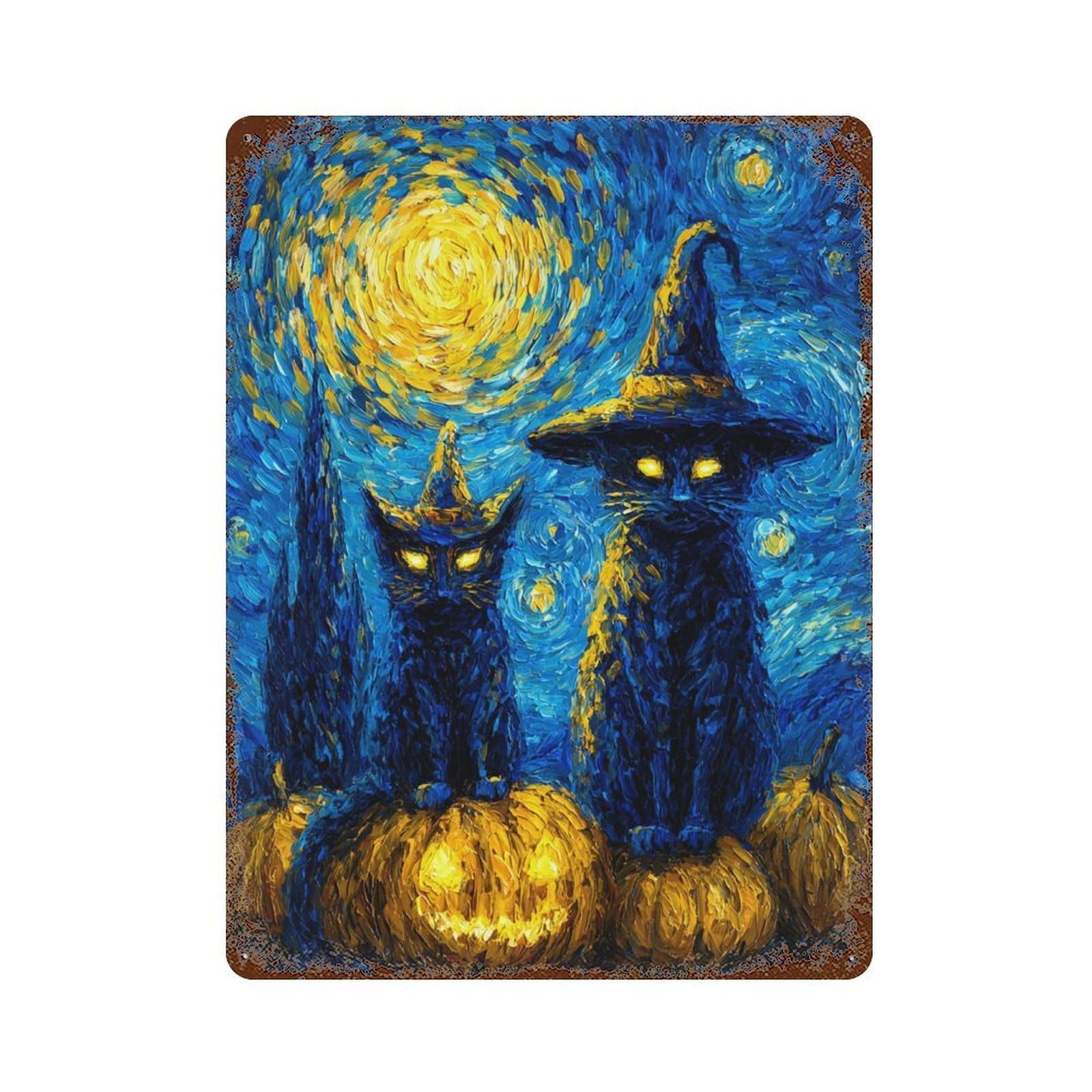 Halloween Cats with Pumpkins-4 Rust Effect Tin Sign 15.7"x11.8", Vintage Wall Decor for Garage, Pub Or Kitchen