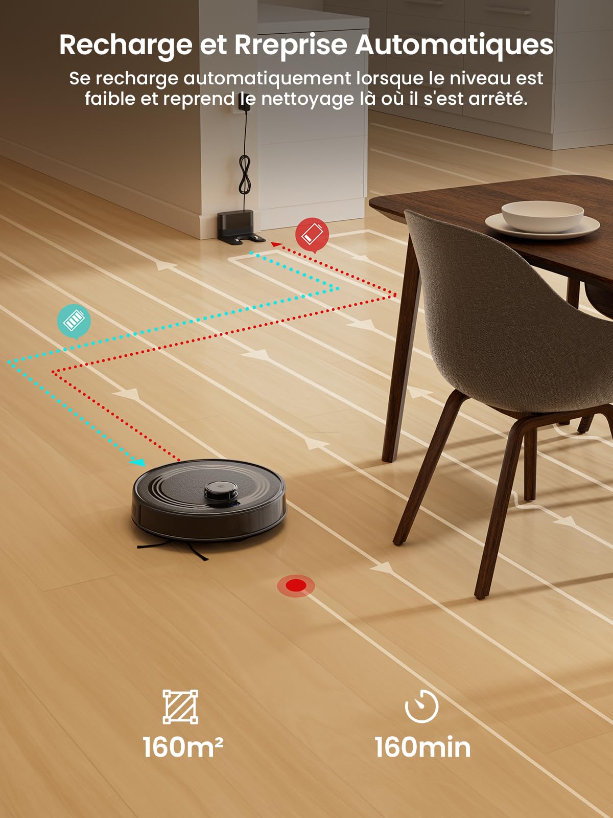 Lefant M2 Robot Aspirateur Laveur, Navigation Laser, Aspiration de 6000Pa, Technologie d'évitement PSD, Cartographie, Nettoyage Personnalisé, Autonomie de 160 Minutes, Contrôle Via APP/Alexa/WiFi