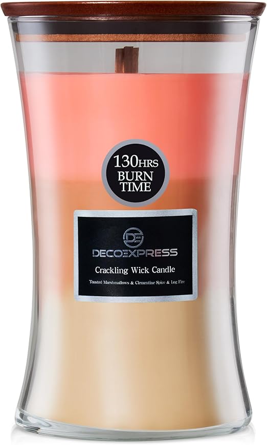 DECO EXPRESS Duftkerze im Glas im Sanduhr Design mit Knisterndem Docht 3 in 1 Duft Kerze Bis zu 130 Stunden Lange Brenndauer Geschenk Idee (Geröstete Marshmallows/Clementinengewürz/Kaminfeuer)