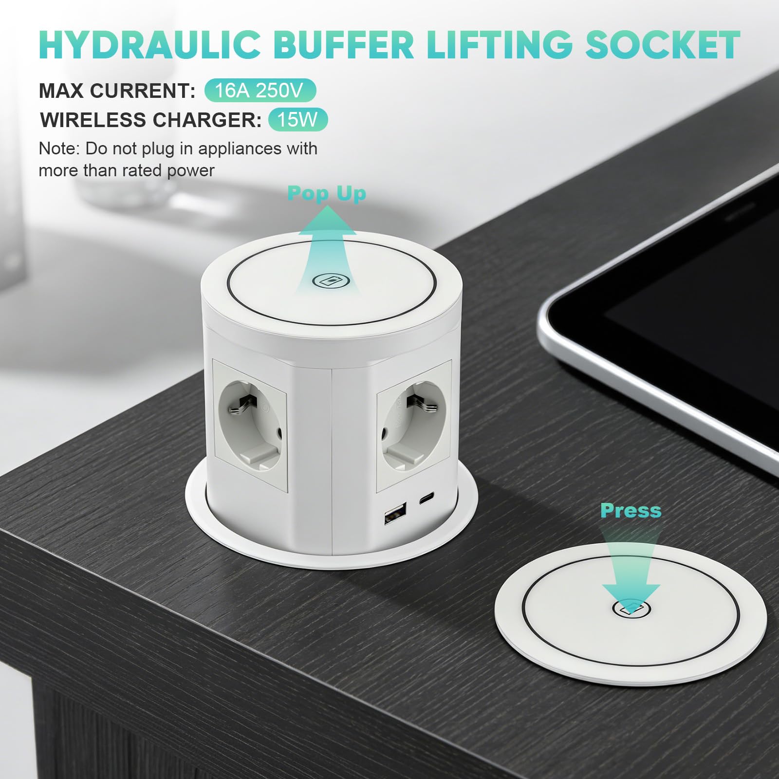 Enchufe Empotrable Retractil con PD USB-C PD 75 W, 8 en 1 Regleta de Alimentación de Mesa, 4 Enchufe de Mesa Retráctil con Carga Inalámbrica de 15 W para Encimera, Escritorio