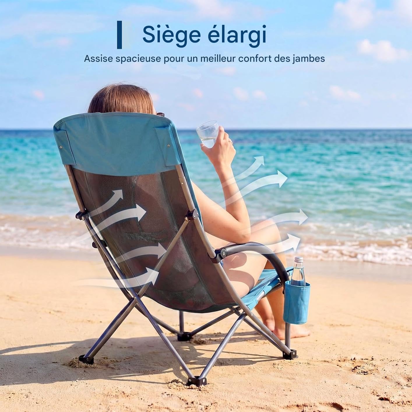 Garvee Chaise De Plage Pliante Robuste Et Légère, Chaise Plage Pliante Legere Inclinable, Sangles Sac à Dos, Poche Téléphone, Porte-Gobelet, Idéale pour Camping (Bleu, 2packs)