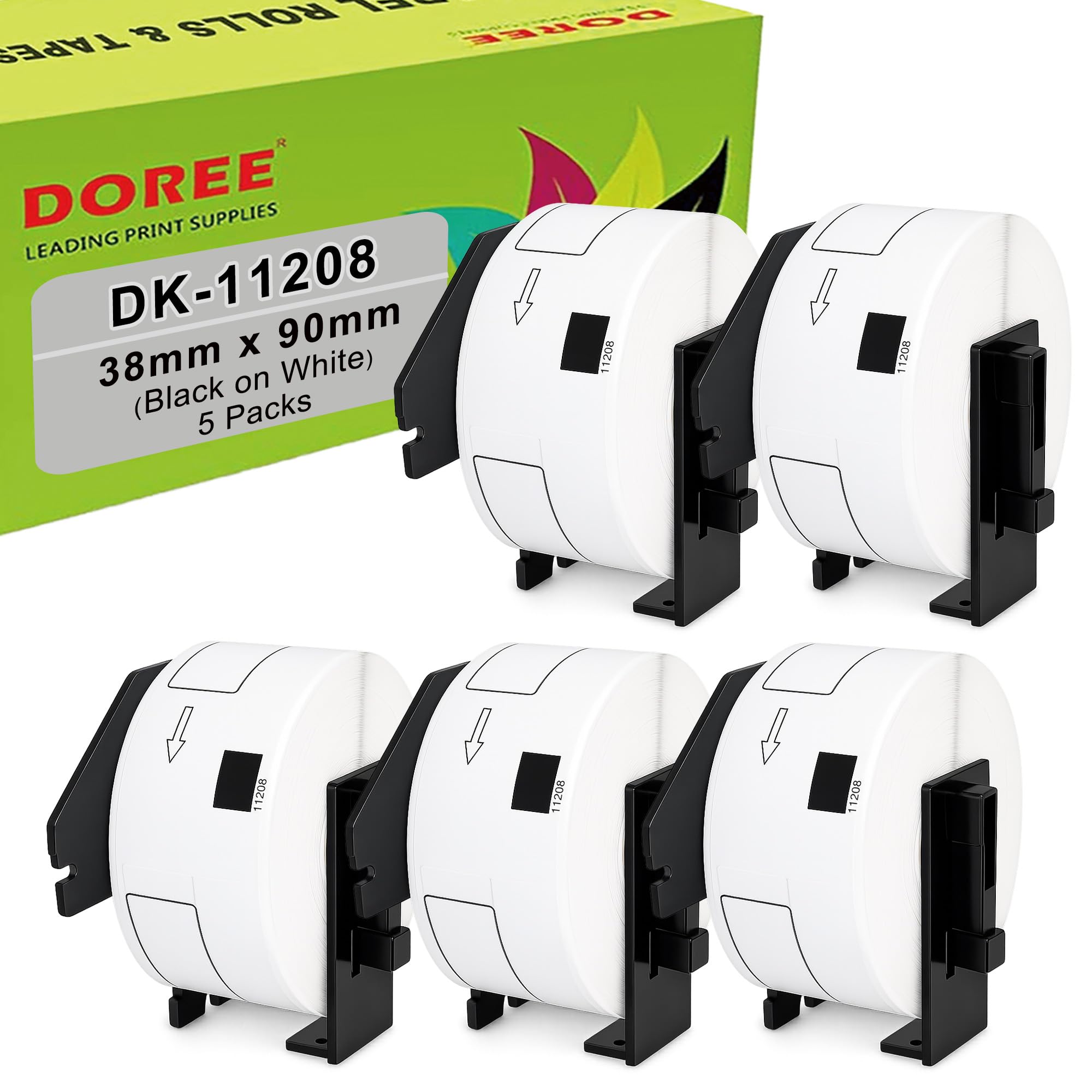 DOREE 5 Rouleaux DK-11208 Étiquettes d’Adresse, compatibles avec Brother DK-11208, 38 x 90mm, Pour imprimantes d’étiquettes Brother QL-500,QL-570,QL-700,QL-800,QL-1050,QL-1100(400 étiquettes/rouleau)