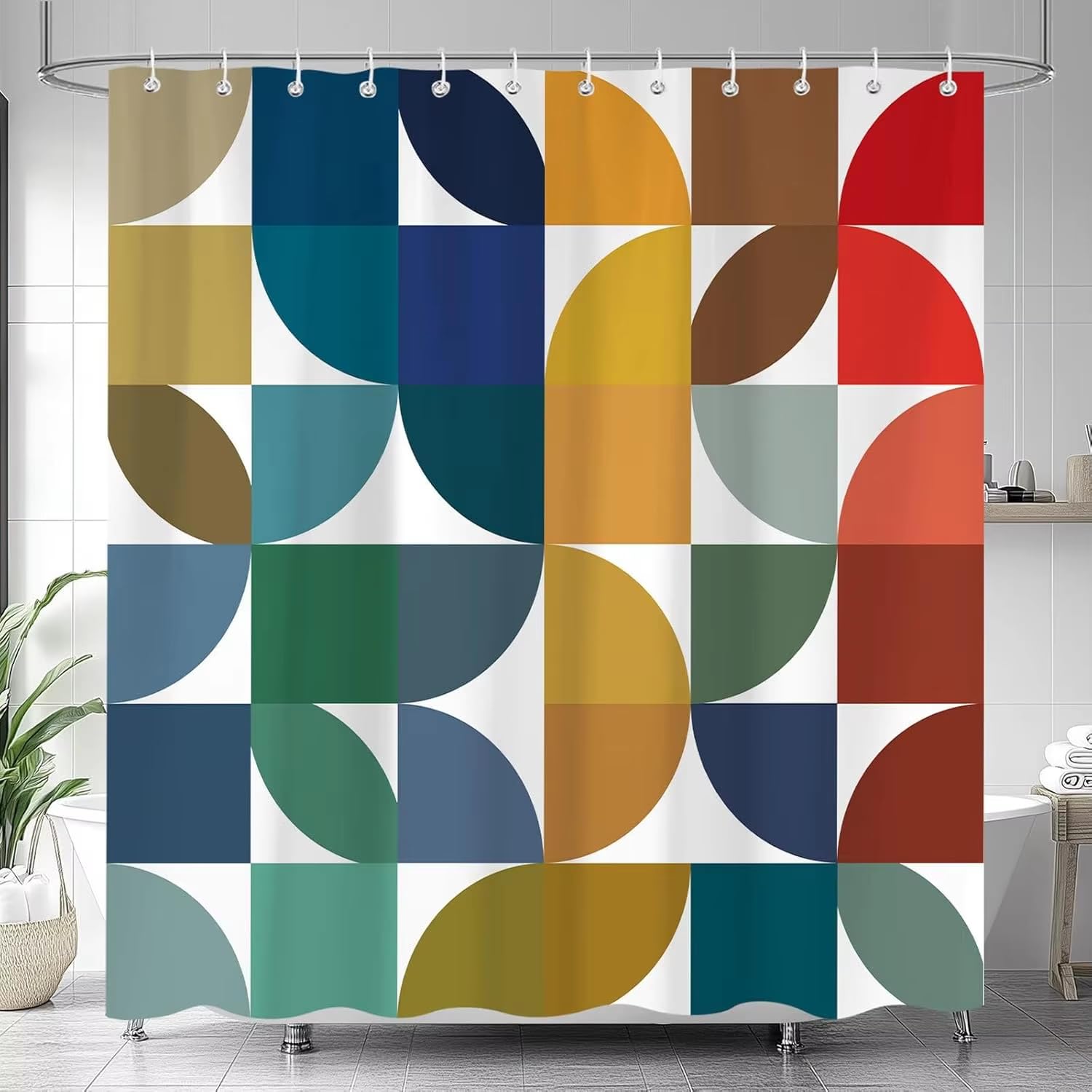 KELAIMI Mid-Century Modern Multicolor Geometric Shower Curtain,Retro Aesthetic Geometric Bathroom Curtains,Bohemian Washable Quick Dry Polyester Fabric Bathtub Curtains with Hooks Colorful 90X180Cm