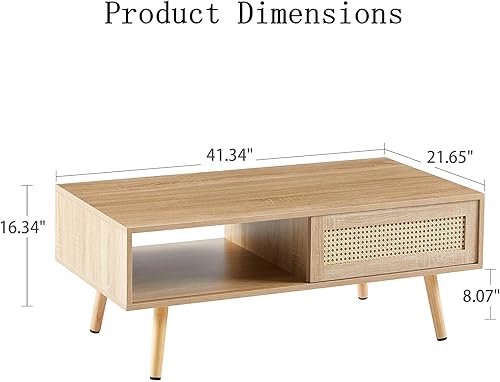 Miniatura 2 de Meihua Mesa auxiliar de ratán de 41.3 pulgadas con almacenamiento, mesa de sofá moderna de mediados de siglo con puerta corredera y patas de madera