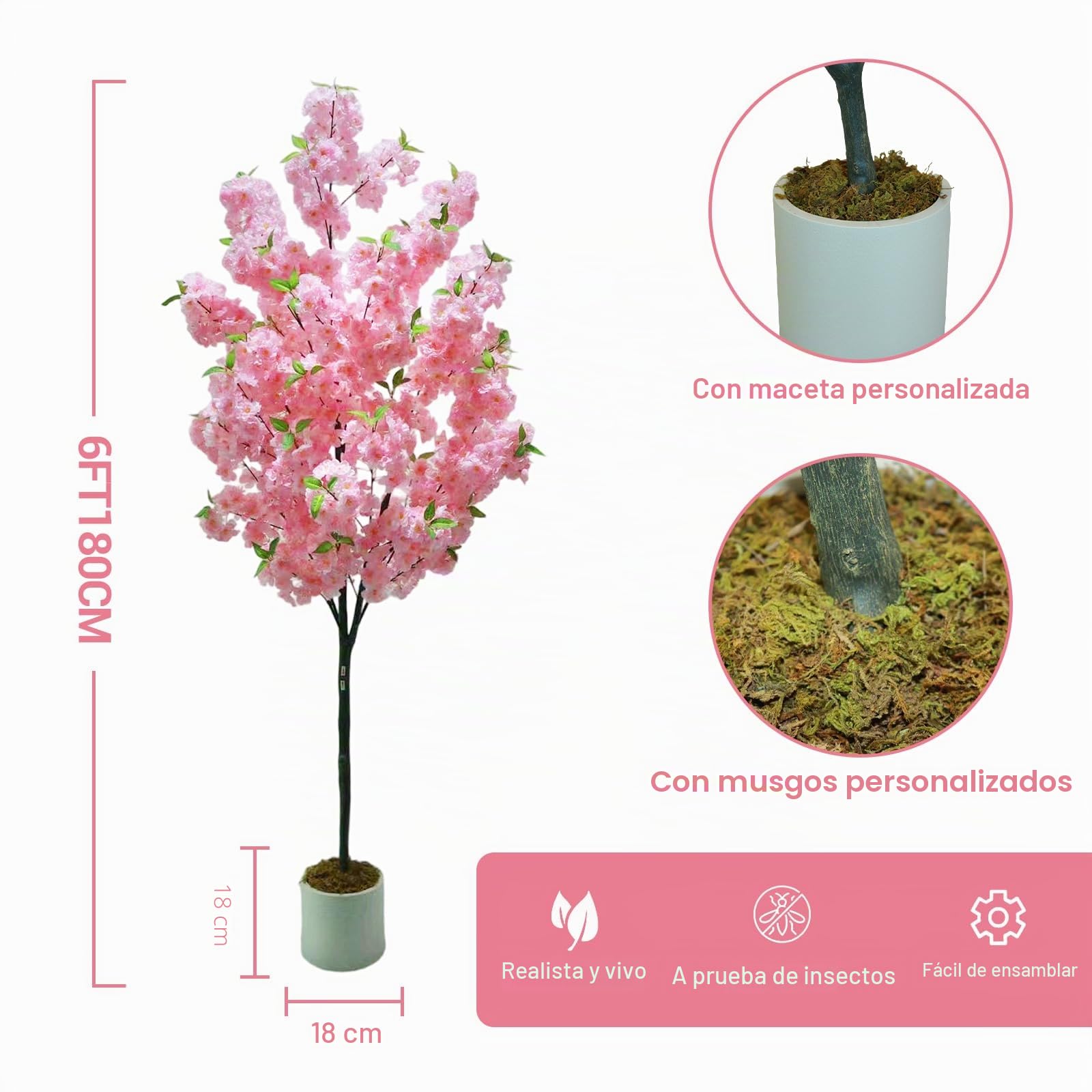 Árbol de cerezo artificial de 180 cm con flores rosa en maceta blanca, árbol de PVC y fibra textil para interior y exterior - Decoración para el hogar, oficina, bodas, fiestas | Árbol Sakura sin