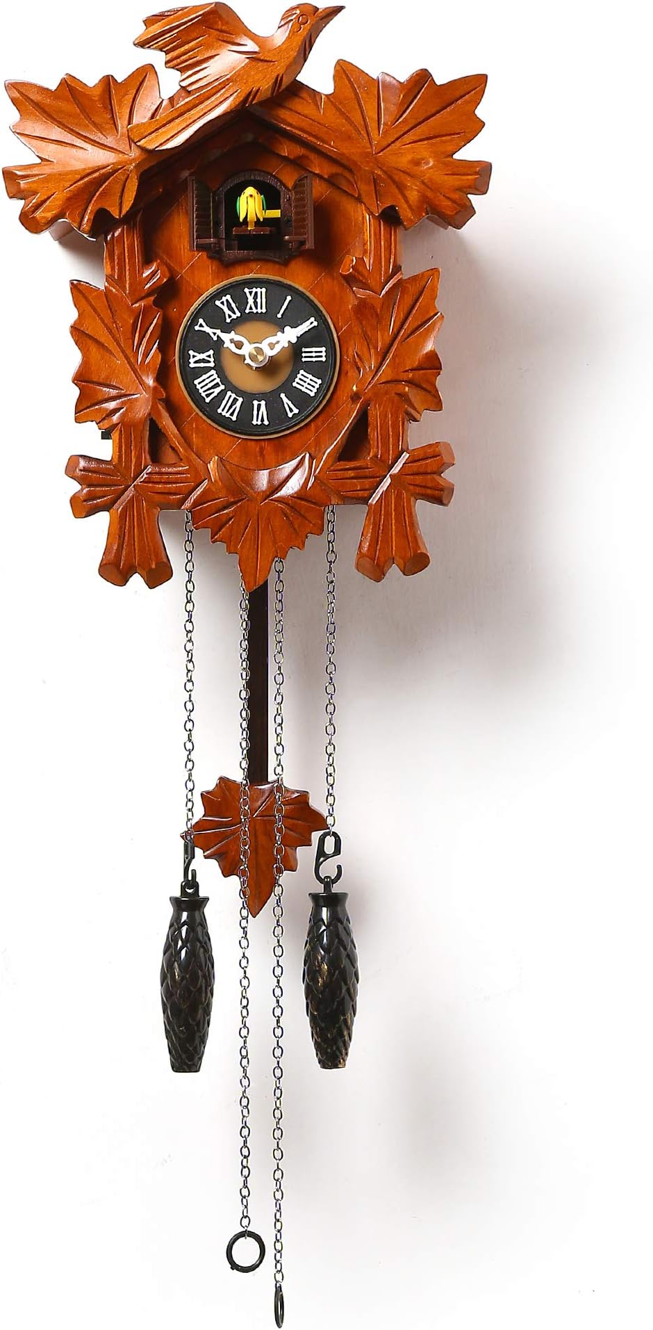 (Imported - Height 9.4" inch Cuckoo Wall Clock - Roman dial (Step Movement -Brown Wooden case) auto Night Shut Off in Dark (Sensor)/Sound Control, Sound on-Off Switch 40x25x15Cms