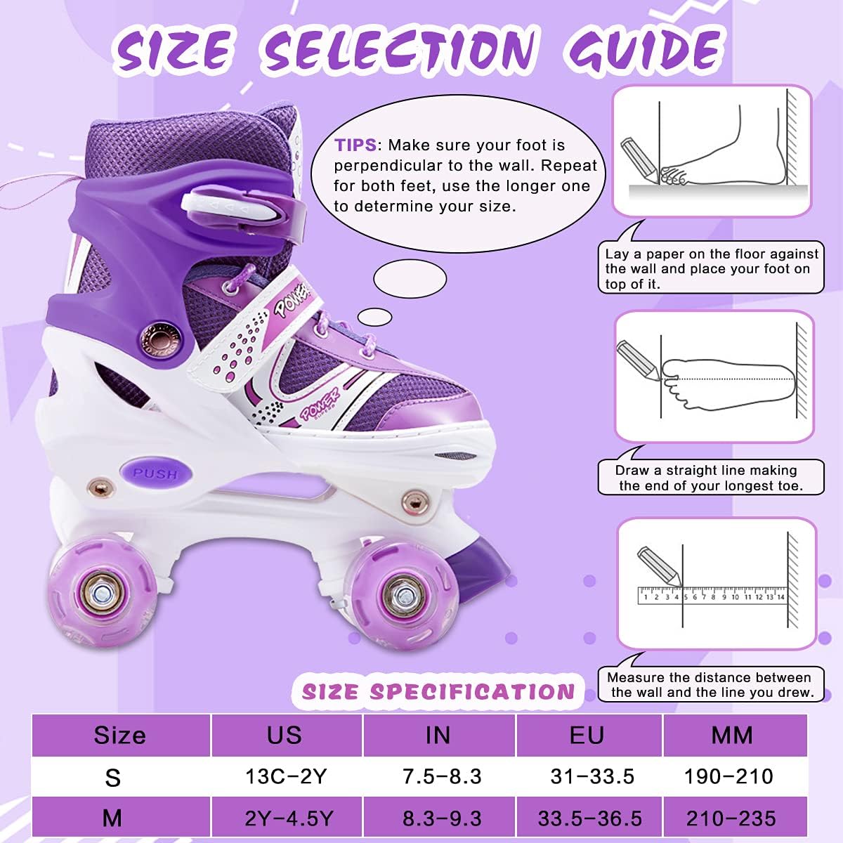 Kids Roller Skates, 4 Sizes Adjustable Roller Skates for Girls Boys Beginners with Light up Wheels, High Standard Comfortable & Breathable Sports Indoor Outdoor Roller Skate Shoes