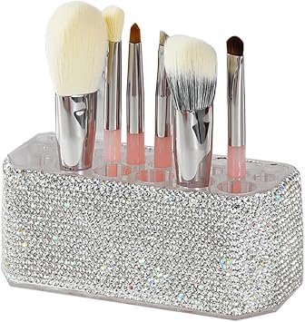 Clear Acrylic Makeup Eyeliner Lip Liner Holder Organizer,Bling Crystal Makeup Brush Holder,26 Spaces White