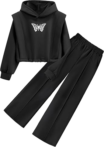 Girls Clothes 2 Piece Outfits Butterfly Print Hoodies Solid Sweatshirts Sweatpants Clothing Sets with Pockets 7-14Y