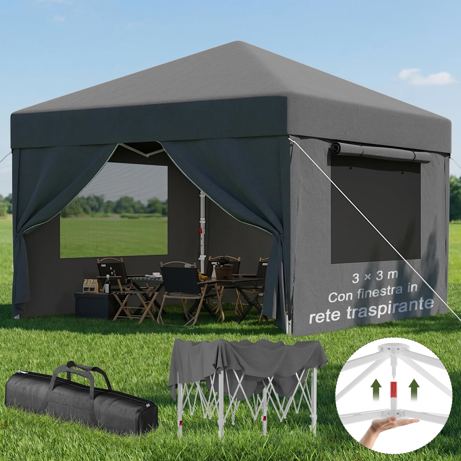Devoko Gazebo Pieghevole 3x3 Impermeabile Stabile Invernale con Finestra a Rete Aerata, Protezione UV 50+, Tenda da Giardino Campeggio Grigio