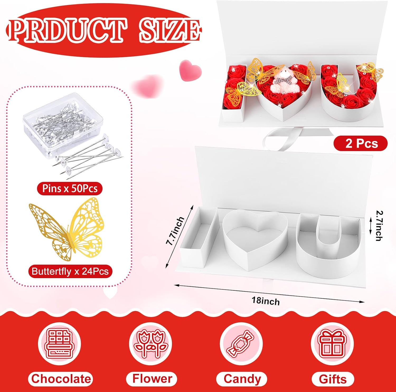 2 Pcs I Love You Box Empty Fillable Flower Box Valentines Day Letter Shaped Box I Heart U Gift Box with 24 Gold Butterfly 50 Crystal Bouquet Pins for Valentines Wedding Mother's Day Party (White)