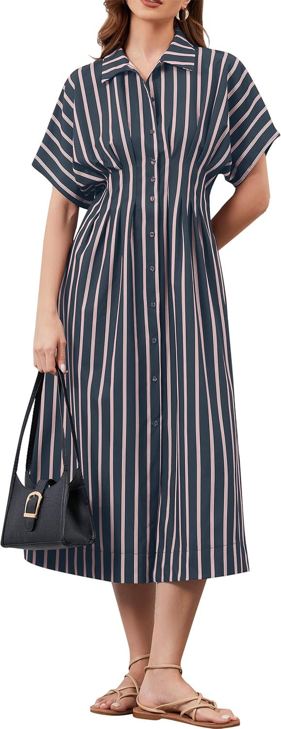 Women Button Front Pleated Shirt Maxi Dress Summer Striped Prints Short Sleeve Collar Casual Long Dresses