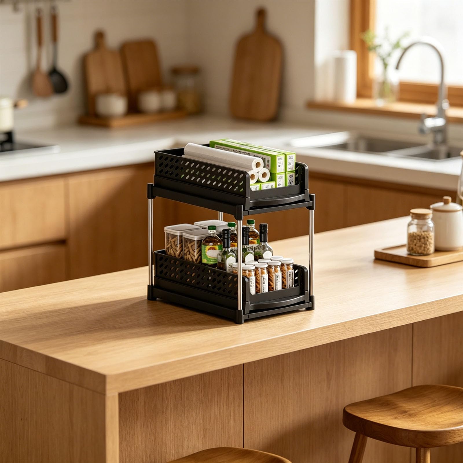 Organisateur de Cuisine à tiroirs à 2 Niveaux pour Armoire, étagère à Espace étroit avec grilles inférieures pour Le Flux d ' air, Organisateur de tiroir Coulissant