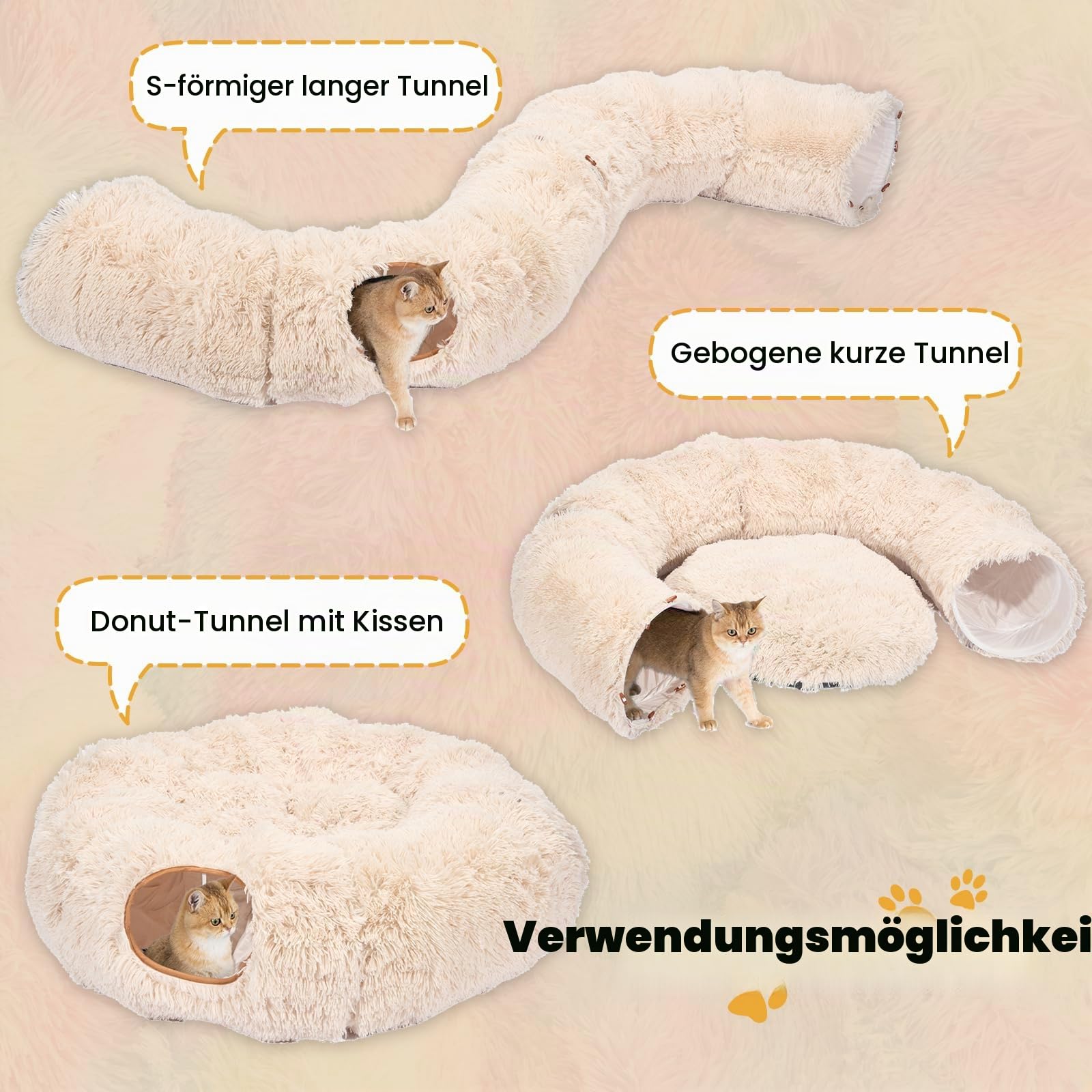 Avont Katzentunnel mit Zentralem Kissen, Weiche Katzenspielzeug Runde Multi-Function Versteck Katzenbett - Beige