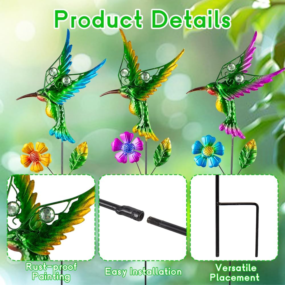 3 Pcs Hummingbird Decorative Garden Stakes with Metal Flower Set Spring Outdoor Decor,Metal Yard Art Stakes for Outside Garden Porch Lawn Plant Pot Flower Bed