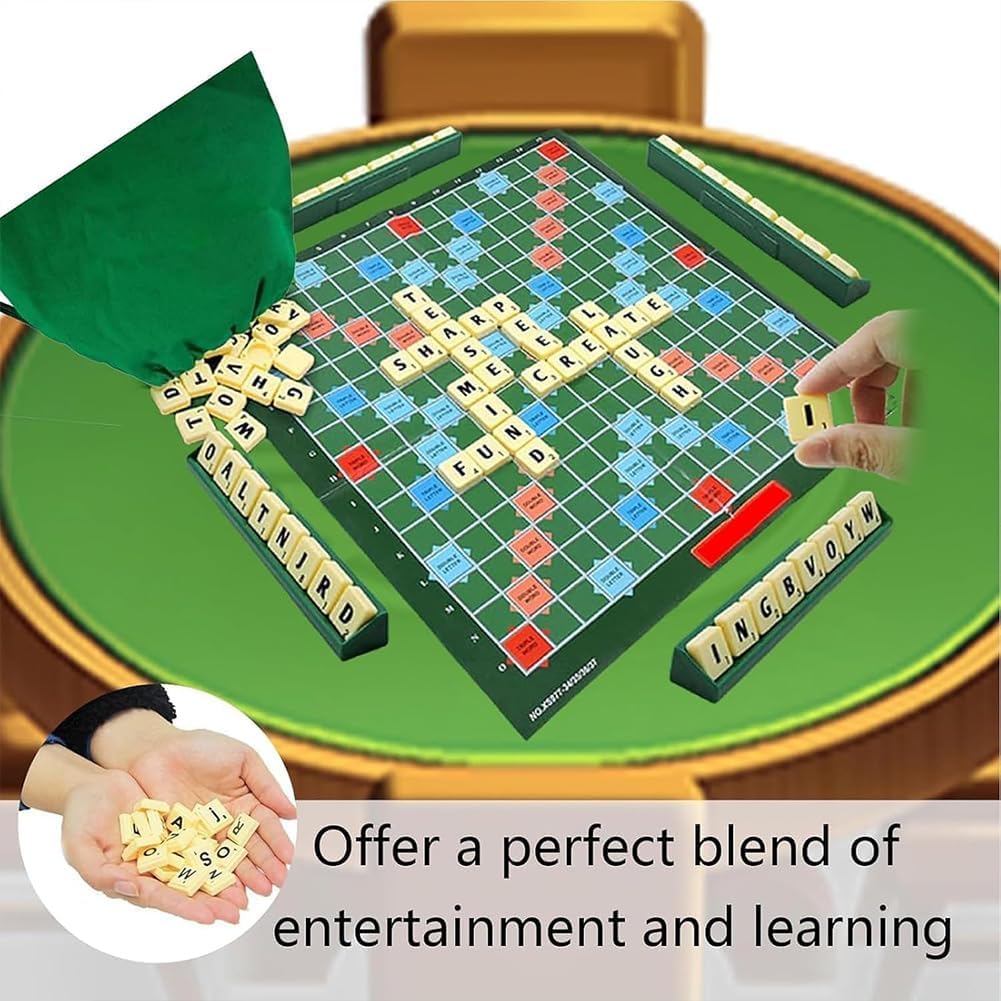 Jeu de Société Éducatif Mots Classique avec 100 Lettres Plateau 4 Chevalets Sac Apprentissage Orthographe Enfants 6 Ans+