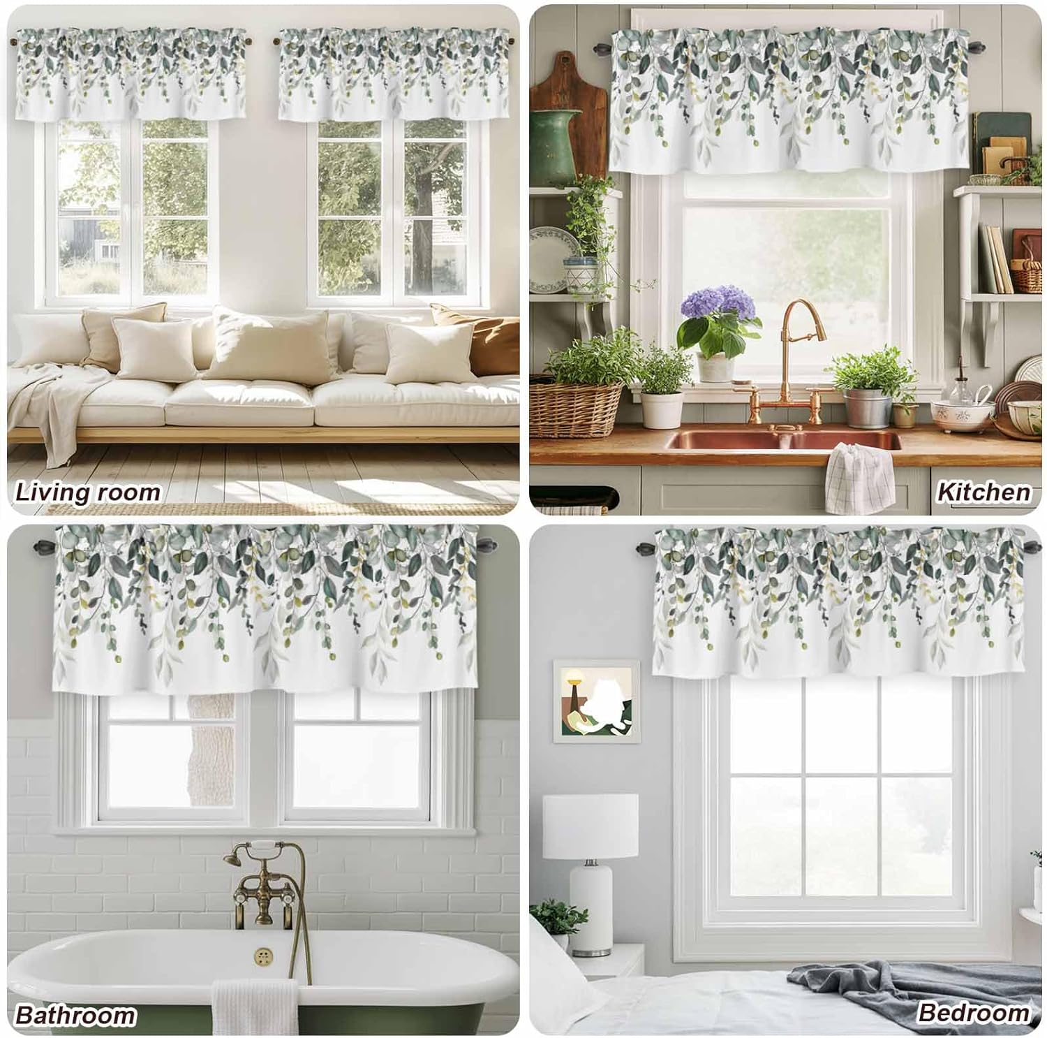 2 Pack Green Eucalyptus Valances for Window, Weeping Botanical Short Curtains for Kitchen Bedroom Living Room, Watercolor Leaf Spring Rod Pocket Small Window Treatment Valance Drapes 54 x 18 Inch